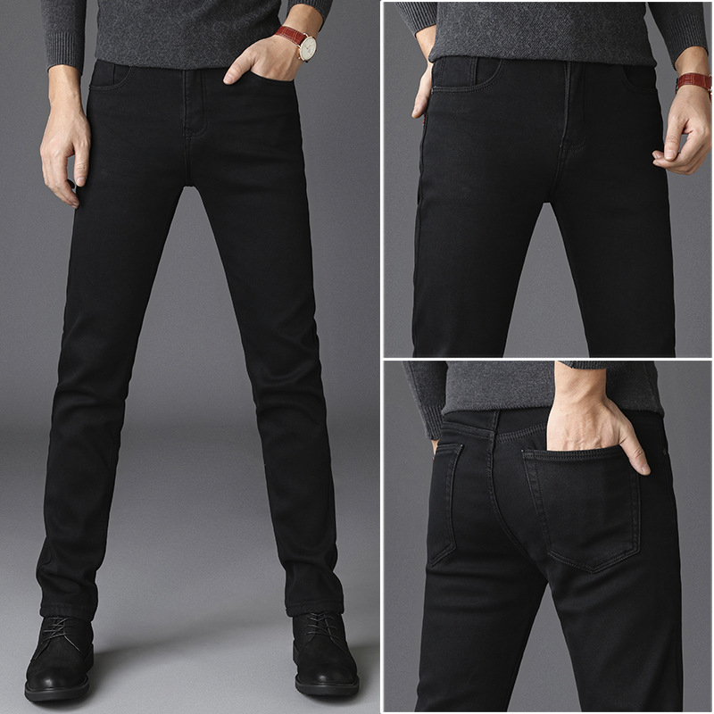 Jean din denim pentru bărbați, croială dreaptă, căptușit cu fleece, cinci buzunare, talie medie, fermoar