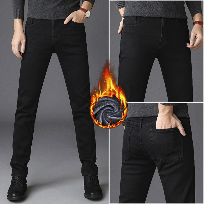 Jean din denim pentru bărbați, croială dreaptă, căptușit cu fleece, cinci buzunare, talie medie, fermoar