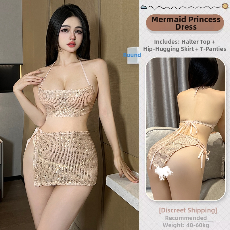 Seksi zlatna haljina sirene s trakama, kostim inspiriran uniformom, set pidžama