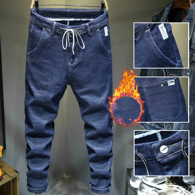 Muške traperice s flis unutrašnjošću, korejskog stila, oversize, ravni kroj, vezanje šnuralom i zatvaračem, 90% pamuka