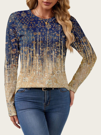 Дамски пуловер с дълъг ръкав и кръгла яка, 3D принт, полиестерова тъкан, средна дължина