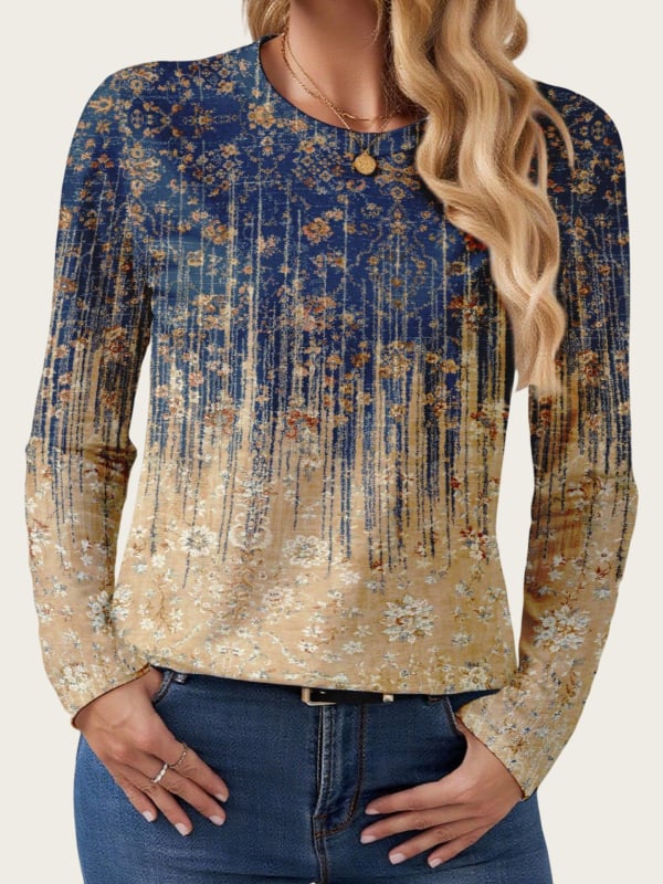 Дамски пуловер с дълъг ръкав и кръгла яка, 3D принт, полиестерова тъкан, средна дължина