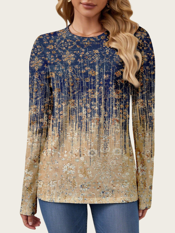 Дамски пуловер с дълъг ръкав и кръгла яка, 3D принт, полиестерова тъкан, средна дължина