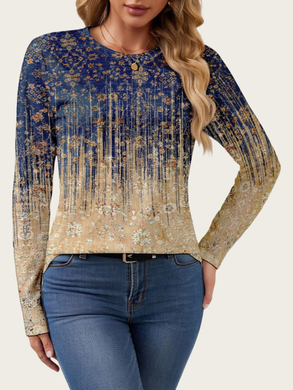 Дамски пуловер с дълъг ръкав и кръгла яка, 3D принт, полиестерова тъкан, средна дължина