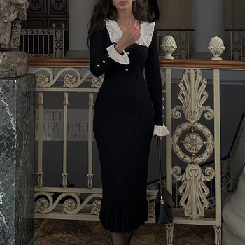 Плетена рокля с рюш и Lotus Leaf яка, Modal-Polyester смес, дълги ръкави, дълга кройка