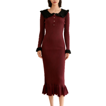 Плетена рокля с рюш и Lotus Leaf яка, Modal-Polyester смес, дълги ръкави, дълга кройка