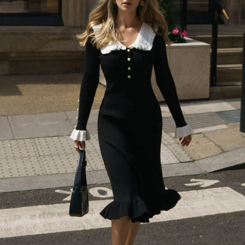 Плетена рокля с рюш и Lotus Leaf яка, Modal-Polyester смес, дълги ръкави, дълга кройка