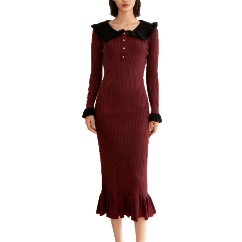 Плетена рокля с рюш и Lotus Leaf яка, Modal-Polyester смес, дълги ръкави, дълга кройка