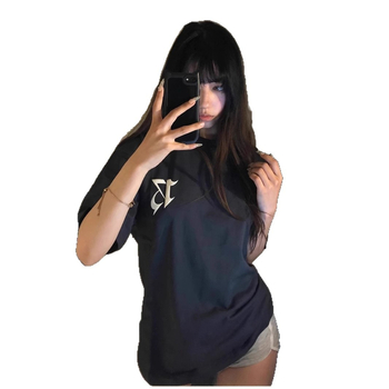 Milk-silk póló, lazán szabott, rövid ujjú, kerek nyakú, szöveges nyomtatás, közép hosszú 65-80 cm, Harajuku stílus