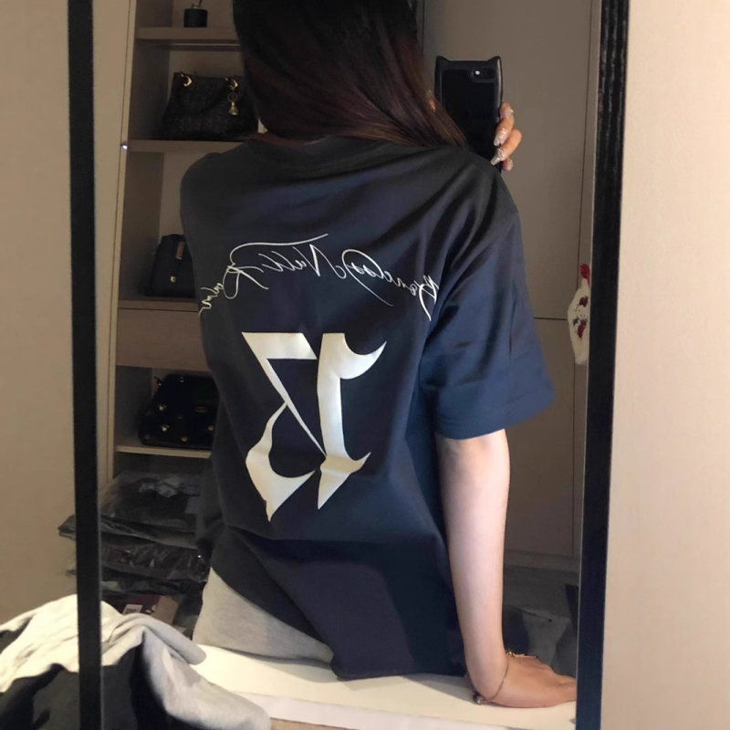 Milk-silk póló, lazán szabott, rövid ujjú, kerek nyakú, szöveges nyomtatás, közép hosszú 65-80 cm, Harajuku stílus