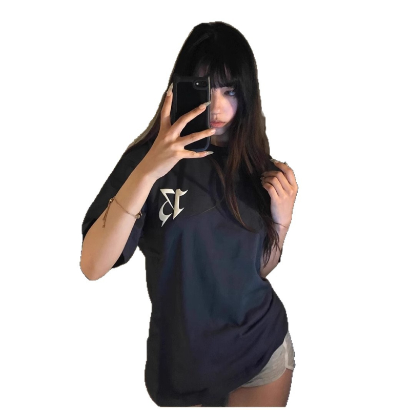 Milk-silk póló, lazán szabott, rövid ujjú, kerek nyakú, szöveges nyomtatás, közép hosszú 65-80 cm, Harajuku stílus