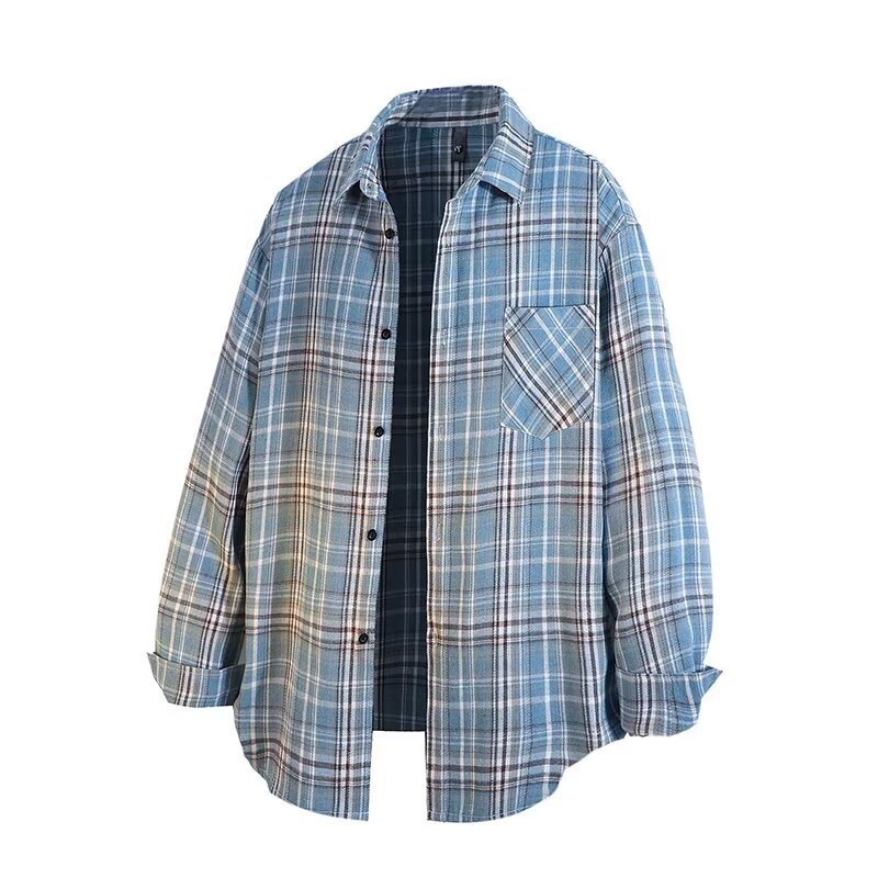 Košeľa s károvaným vzorom, dlhé rukávy, klopový golier, voľný strih