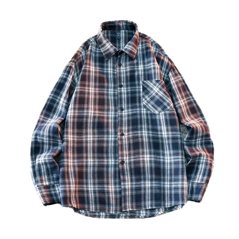 Košeľa s károvaným vzorom, dlhé rukávy, klopový golier, voľný strih