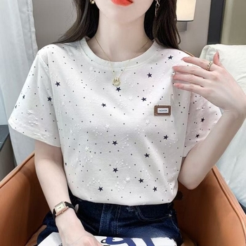 Tricou damă cu mânecă scurtă, țesătură milk silk; principal material: fibre de poliester; imprimeu floral; stil japonez-coreean casual; croială lejeră