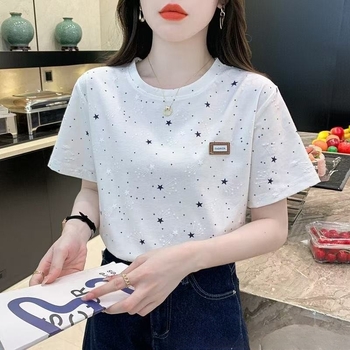 Tricou damă cu mânecă scurtă, țesătură milk silk; principal material: fibre de poliester; imprimeu floral; stil japonez-coreean casual; croială lejeră