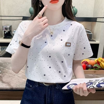 Tricou damă cu mânecă scurtă, țesătură milk silk; principal material: fibre de poliester; imprimeu floral; stil japonez-coreean casual; croială lejeră