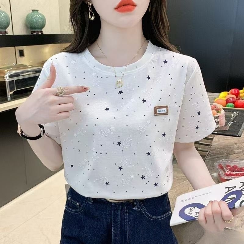 Tricou damă cu mânecă scurtă, țesătură milk silk; principal material: fibre de poliester; imprimeu floral; stil japonez-coreean casual; croială lejeră