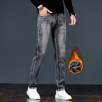 Férfi polárbéléses farmernadrág, egyenes szabású, középmagas derék, cipzár, 89% pamut