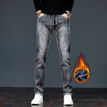 Férfi polárbéléses farmernadrág, egyenes szabású, középmagas derék, cipzár, 89% pamut