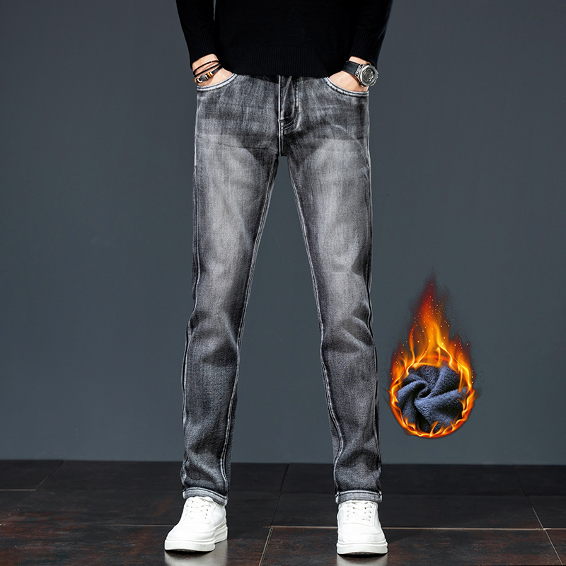 Férfi polárbéléses farmernadrág, egyenes szabású, középmagas derék, cipzár, 89% pamut