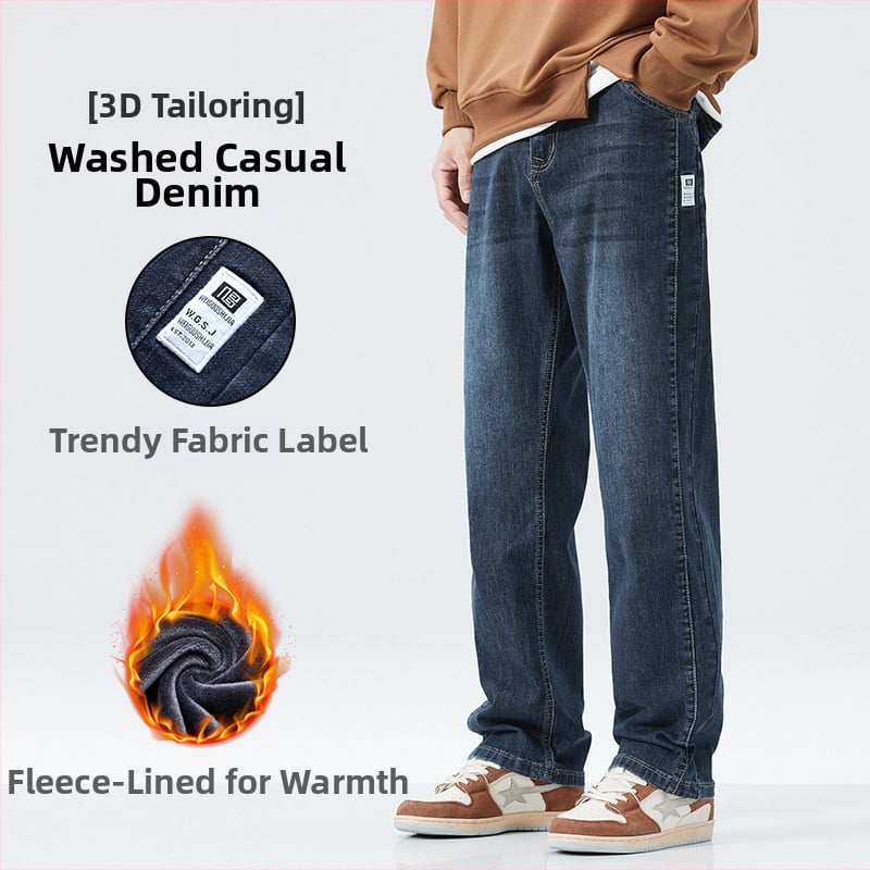 Pánske riflové nohavice s fleecovou podšívkou na zimu 2025, rovný strih, stredný pás, bavlno-polyesterová zmes s jemnou pružnosťou