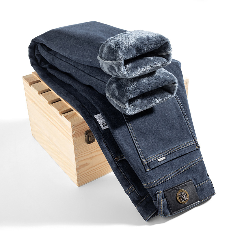 Pánske riflové nohavice s fleecovou podšívkou na zimu 2025, rovný strih, stredný pás, bavlno-polyesterová zmes s jemnou pružnosťou