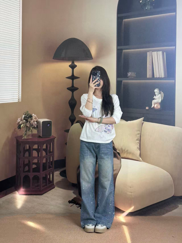 Женска тениска с дълги ръкави, памук-полиестер смес, животински принт, кръгла яка, кристали с горещо лепене