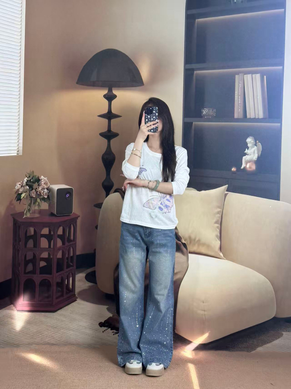 Женска тениска с дълги ръкави, памук-полиестер смес, животински принт, кръгла яка, кристали с горещо лепене