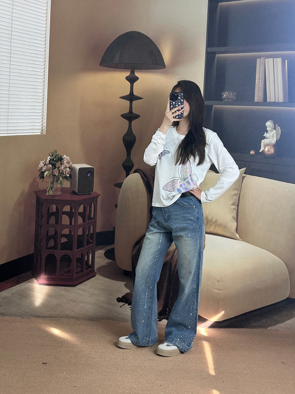 Женска тениска с дълги ръкави, памук-полиестер смес, животински принт, кръгла яка, кристали с горещо лепене