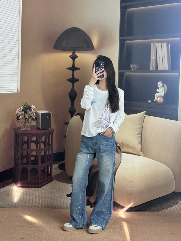 Женска тениска с дълги ръкави, памук-полиестер смес, животински принт, кръгла яка, кристали с горещо лепене