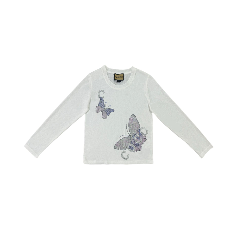 Женска тениска с дълги ръкави, памук-полиестер смес, животински принт, кръгла яка, кристали с горещо лепене