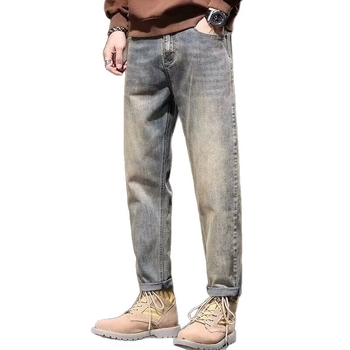 Muške traperice denim s ravnim krojem, visokim strukom, zipom, cargo džepovima