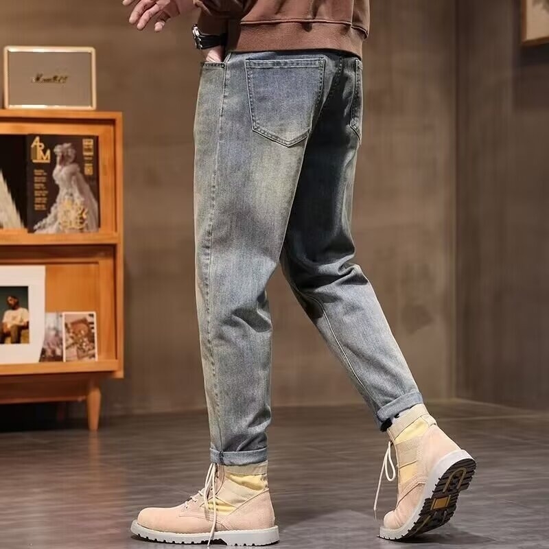 Muške traperice denim s ravnim krojem, visokim strukom, zipom, cargo džepovima