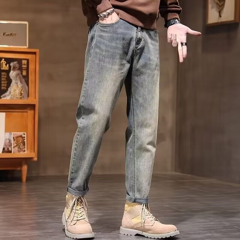 Muške traperice denim s ravnim krojem, visokim strukom, zipom, cargo džepovima