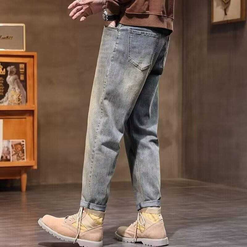 Muške traperice denim s ravnim krojem, visokim strukom, zipom, cargo džepovima