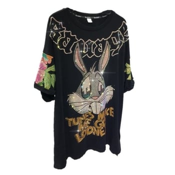 Slobodno krojeni pamukni T-shirt s kristalima, okrugli izrez, kratke rukave, motiv božur i zec