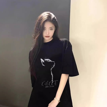 Ženska majica s printom mačke, kratki rukavi, okrugli izrez, oversize kroj