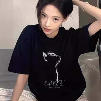 Ženska majica s printom mačke, kratki rukavi, okrugli izrez, oversize kroj