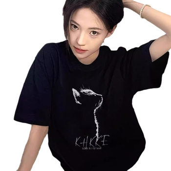 Ženska majica s printom mačke, kratki rukavi, okrugli izrez, oversize kroj