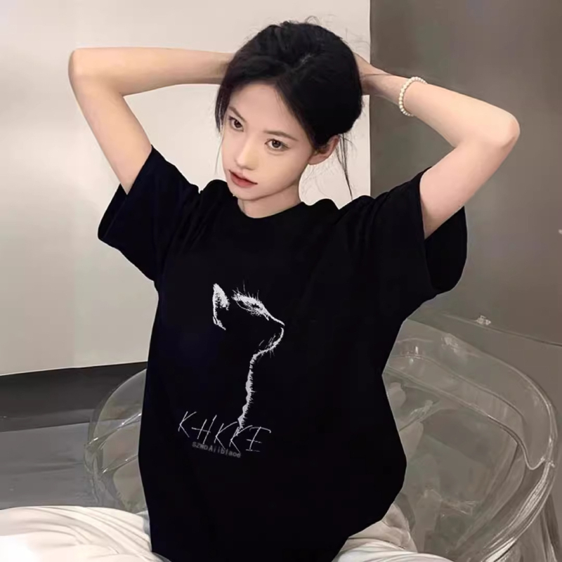 Ženska majica s printom mačke, kratki rukavi, okrugli izrez, oversize kroj