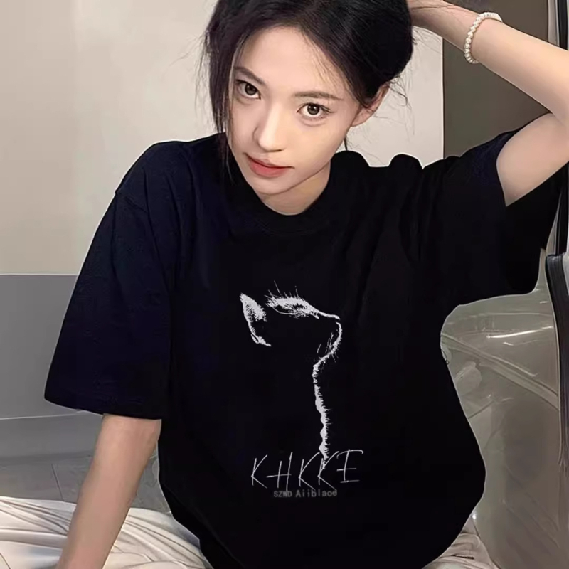 Ženska majica s printom mačke, kratki rukavi, okrugli izrez, oversize kroj