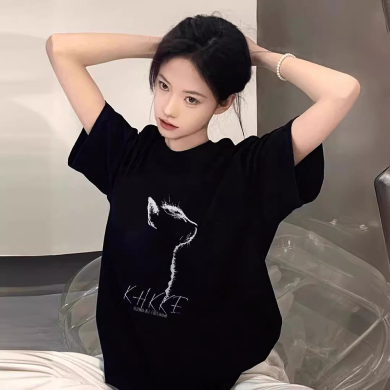 Ženska majica s printom mačke, kratki rukavi, okrugli izrez, oversize kroj