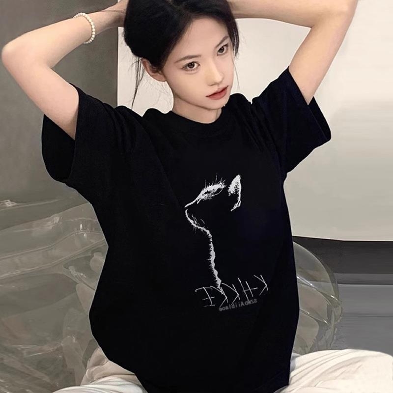 Ženska majica s printom mačke, kratki rukavi, okrugli izrez, oversize kroj