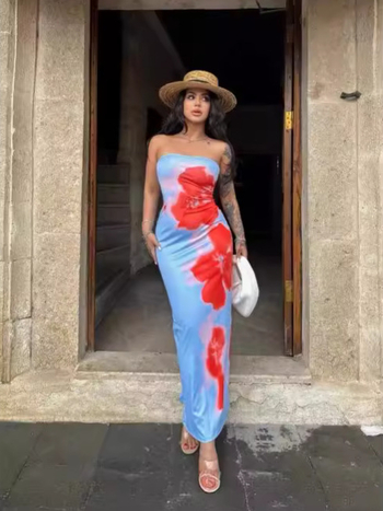 Ženska maxi haljina s floralnim printom od milk silk, bez rukava, tube-top stil, bočni prorez