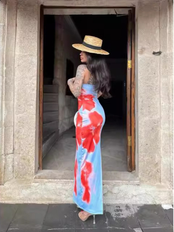 Ženska maxi haljina s floralnim printom od milk silk, bez rukava, tube-top stil, bočni prorez