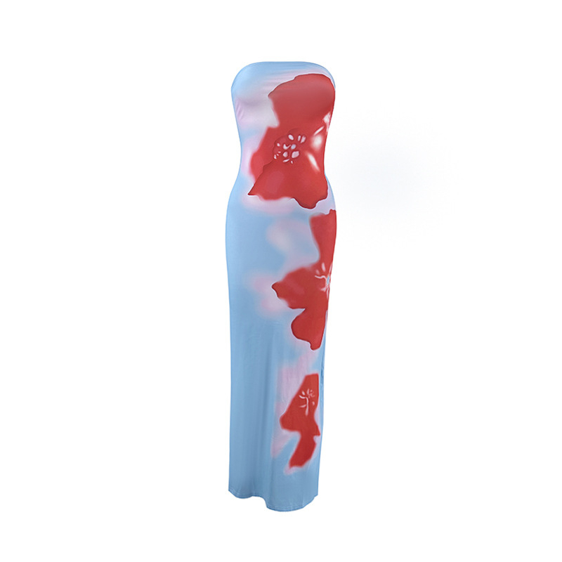 Ženska maxi haljina s floralnim printom od milk silk, bez rukava, tube-top stil, bočni prorez