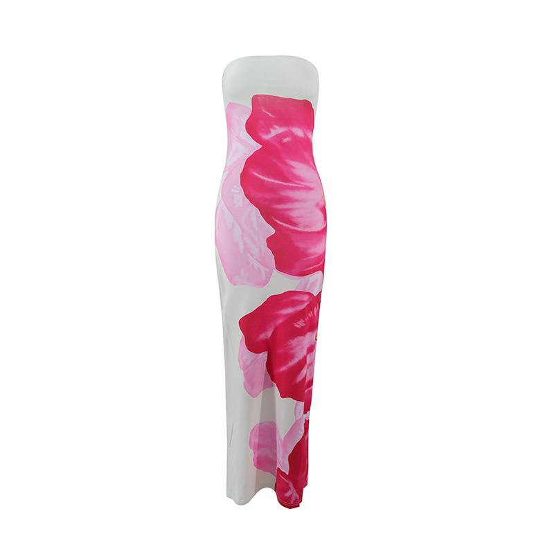 Ženska maxi haljina s floralnim printom od milk silk, bez rukava, tube-top stil, bočni prorez