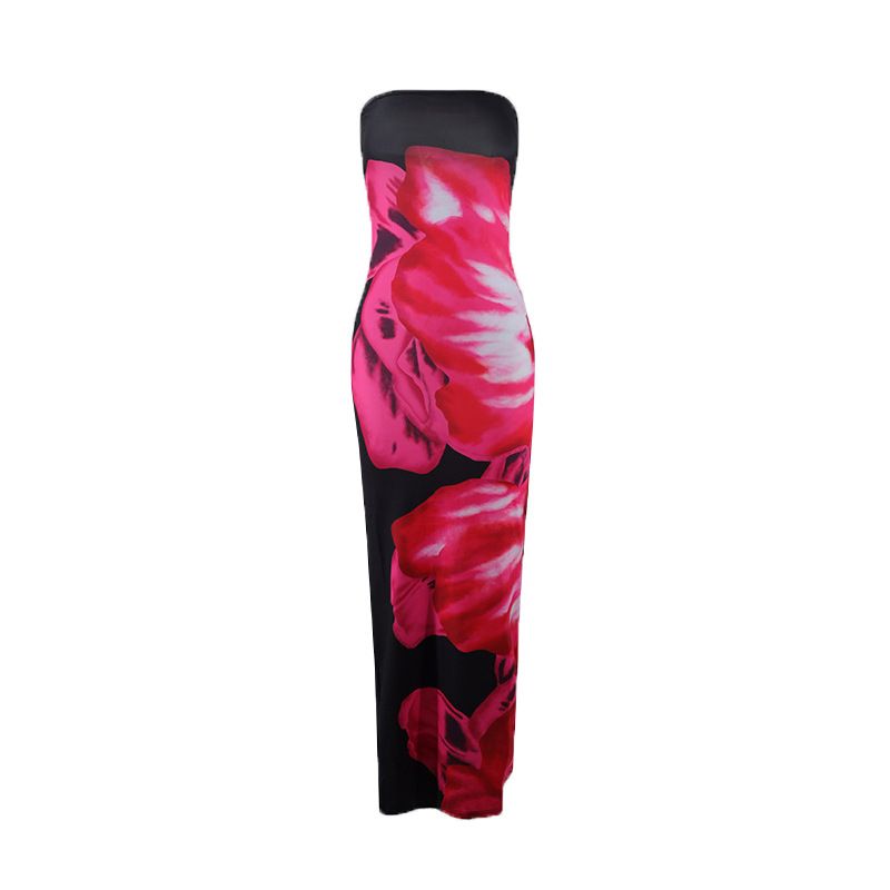 Ženska maxi haljina s floralnim printom od milk silk, bez rukava, tube-top stil, bočni prorez