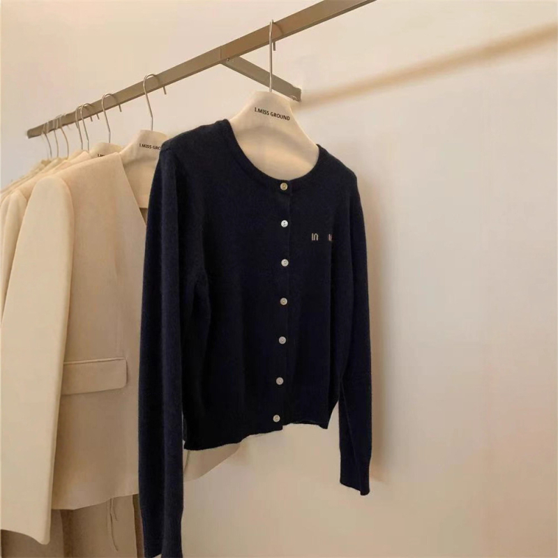 Cardigan tricotat cu broderie, nylon cu fibre de celuloză regenerată, guler rotund, mâneci lungi, stil casual japonez-coreean