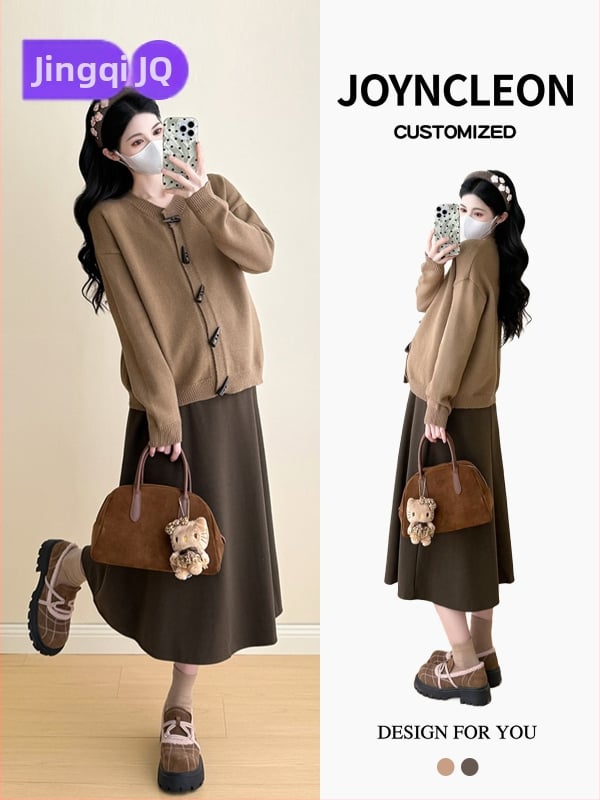 Tehotenský kostým s midi sukňou, dlhé rukávy, pletený materiál z polyesteru a bavlny (50–70% polyester, do 30% bavlny), jeseň 2025, japonsko-kórejský voľný štýl